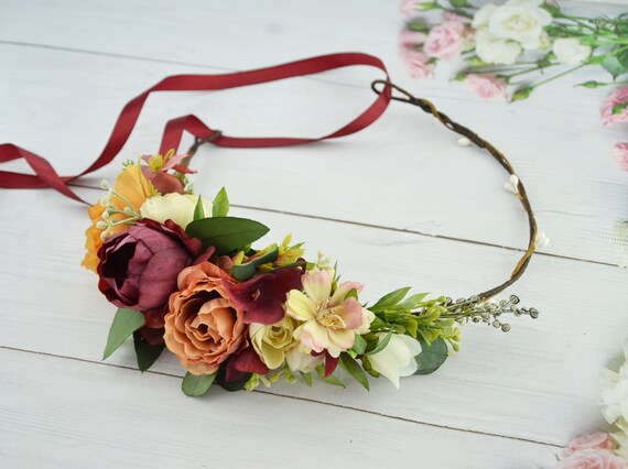 Accessories Large Peony Flower Crown Burnt Orange Floral Crown Burgundy Brown Large Headpiece Fall Flower Crown Wedding Maternity Crown Weddings