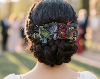Flower hair piece burgandy navy blue Flower comb burgundy blue Flower headpiece gothic Dark wedding flower hairpiece bride Winter wedding