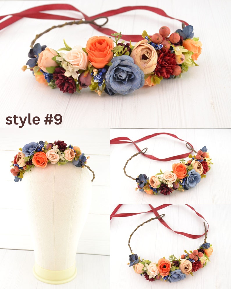 Flower crown flower headpiece orange flower hair piece wedding floral crown flower girls burgundy orange blue plum style #9