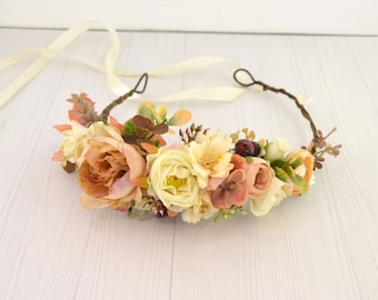 Fall Floral hair crown Fall Flower headpiece Beige Ivory Floral hair piece Fall Wedding hair piece flowers Boho Rustic wedding hair