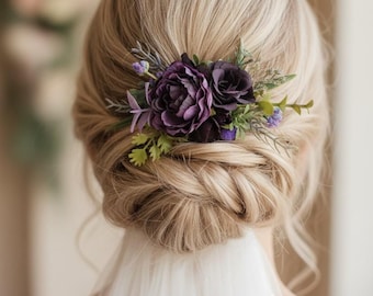 Plum Flower Comb Bridal Rustic Wedding Bridal Headpiece Mini Comb with Flowers Dark Purple Hair Comb Boho Hair Piece