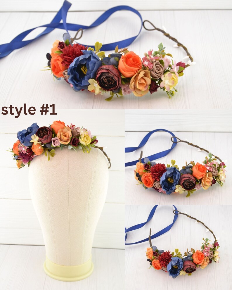 Flower crown flower headpiece orange flower hair piece wedding floral crown flower girls burgundy orange blue plum style #1