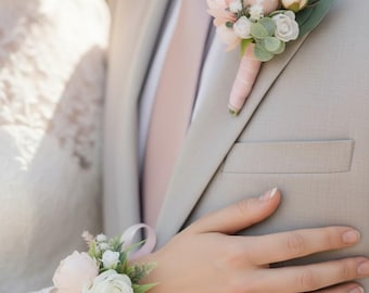 Corsage and boutonniere set Prom Flower corsage Blush White Flower lapel Pin Pink Arm corsage for girls Pin Buttonhole