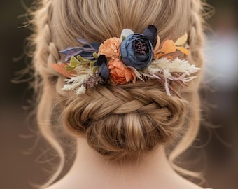 Navy orange flower hair comb wedding headpiece for women Small floral headpiece bridal hair accessories peony bridesmaid flower hair piece