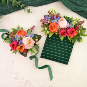 Corsage and boutonniere prom Fake flowers corsage hot pink bright orange blush Emerald wedding corsage flower girl Bridesmaids Groomsman