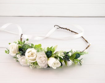 Flower crown adult Flower headband Emerald White Flower hair Piee white Wedding flower headpiece Dark green Floral Halo Women Kids Brides