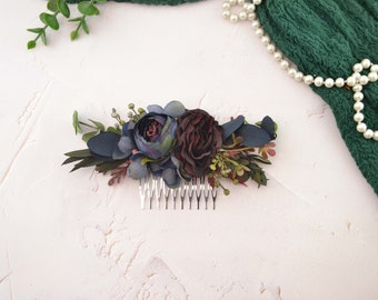 Flower hair comb - wedding floral comb - fall wedding headpiece -  burgundy navy