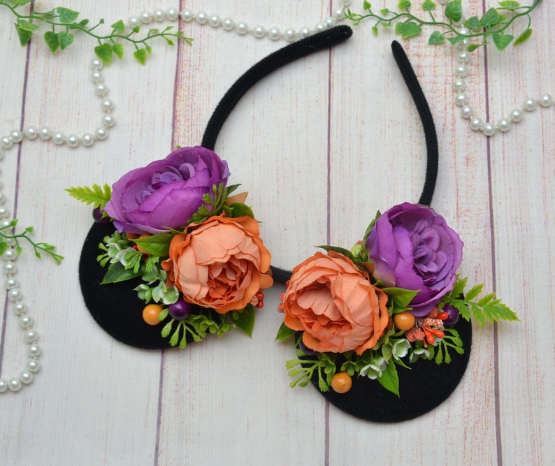 Purple Disney headband adult,floral mickey ear,flower disney ears,Minnie ears headband,Mickey ears headband,Orange disney headpiece,Floral