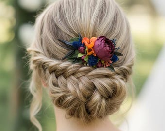Burgundy flower hair piece Thistle Wedding headpiece with flowers Boho hair clip Rustic headpiece for women bridesmaids READY to SHIP