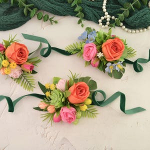 Orange Pink Blue corsage Groom boutonniere Bright Wedding accessories with fake flowers Tropical Wedding boutonniere Summer Beach Corsage