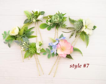 Wedding hair pins for girls Floral hair pins for Bridesmaids Floral hair piece pink green Rustic hair piece with flowers Bridal head piece