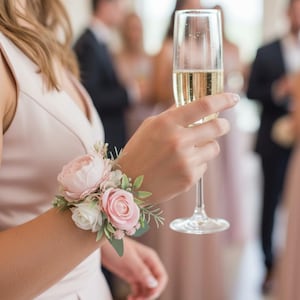 May include: A floral wrist corsage featuring soft pink and white artificial roses, small green leaves, and delicate filler flowers, worn on the wrist alongside a clear glass flute filled with a sparkling golden beverage.