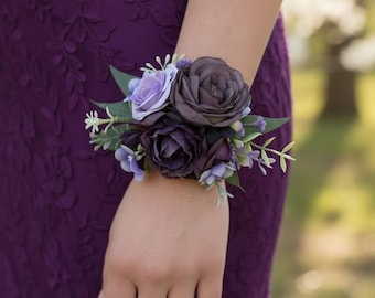 Black purple wrist corsage Prom lapel pin for boys Gothic flower corsage Dark prom accessories Deep Pum Corsage for girls