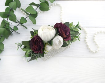 flower hair comb wedding flower comb Bridal flower comb Bridal hair accessories Bridesmaid flowers for hair burgundy white flower headpiece