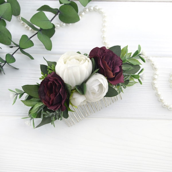 flower hair comb wedding flower comb Bridal flower comb Bridal hair accessories Bridesmaid flowers for hair burgundy white flower headpiece