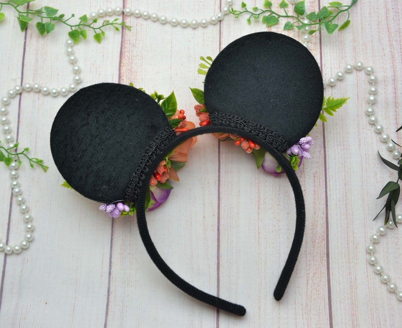 Purple Disney headband adult,floral mickey ear,flower disney ears,Minnie ears headband,Mickey ears headband,Orange disney headpiece,Floral