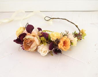 Fall Floral hair crown Burgundy Flower headpiece Beige Ivory Floral hair piece Boho Wedding hair piece flowers Rustic wedding hair