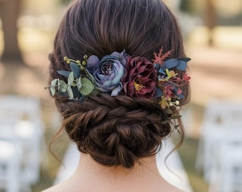 Flower hair piece burgandy navy blue Flower comb burgundy blue Flower headpiece gothic Dark wedding flower hairpiece bride Winter wedding