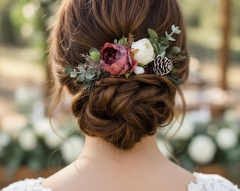 Winter flower headpiece bride Red Ivory Peony comb Boho wedding hair comb bridal Flower hair piece Bridesmaid Rustic hairpiece