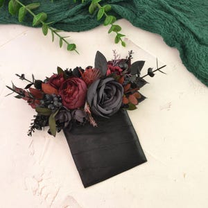 Burgundy Black pocket boutonniere for Groom Gothic wedding corsage Dark wedding accessories for Bridesmaid Flower corsage with maroon peony