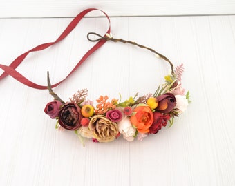 Flower crown Wedding flower headband bridal floral hair piece autumn wedding headpiece bride flower girl crown burgundy orange red beige