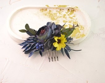 Flowe hair accessories navy blue flower comb blue purple floral headpiece bridal sunflower wedding hair piece rustic wedding hair comb MINI
