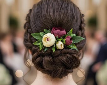 Flower comb wedding burgundy Floral headpiece burgandy ivory Wedding headpiece for bride Floral hair piece bridal Flower hair accessories