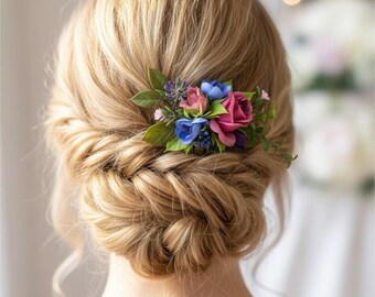 Pink Blue flower hair piece Wedding headpiece with flowers Boho hair clip Rustic headpiece for women flower girls bridesmaids READY to SHIP