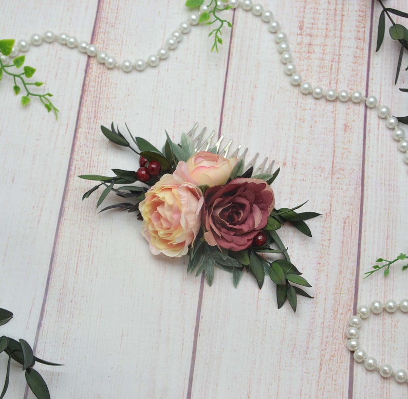 Flower hair comb Marsala Wedding Hair piece Floral comb for bride Flowers for hair Flower hair accessories for girls women Party Boho style