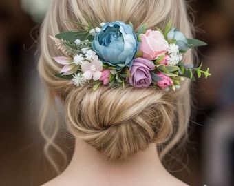 Flower  hair comb pink blue Bridal hair comb Wedding haair pieces Hair accessories for wedding Blue peony Pink roses Bridal hair flowers