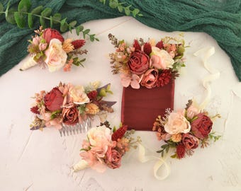 Wedding pocket boutonniere Red Peach Flower headpiece comb corsage boutonniere Floral hair comb bride Groom Bestman flower Fall wedding
