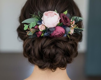 Flower hair comb with burgundy and pink navy flower Wedding hair piece burgandy blush Floral headpiece Bridal Rustc flower comb for bride