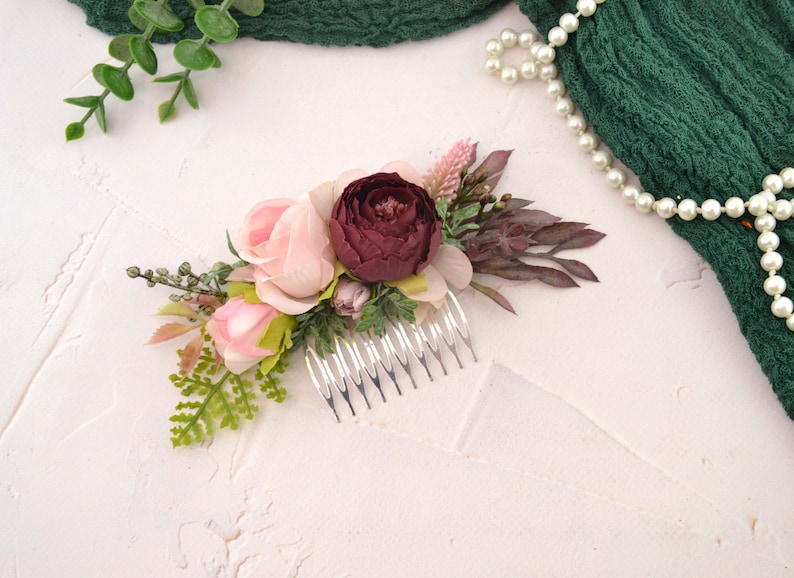 Flower comb wedding flower headpiece bridal flower hair comb women blush pink burgundy image 3