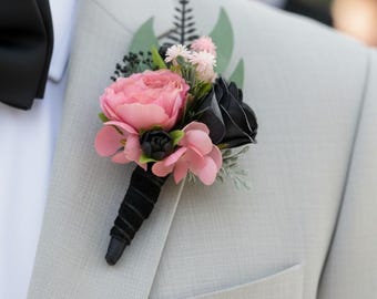 Gothic boutonniere Black Bright Pink lapel pin for Groom Silk Flower boutonniere Prom Wedding Hand corsage Black Rose READY to ship