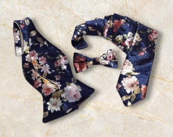 Navy floral necktie Blue Wedding bow tie for boys Men Accessories Velvet Wedding Ring bearer Bowtie Rustic pocket square