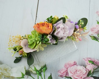 Flower comb succulent, flower headpiece lilac orange, flower hair piece for brides