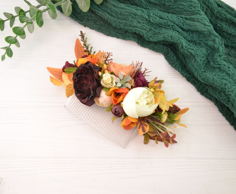 wedding comb burgundy orange flower hair comb floral comb bridal hair accessories floral hairpiece flower headpiece boho hair clip for bride image 8