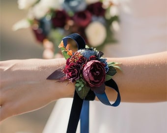 Burgundy blue flower corsage Gothic Wrist corsage for girls Flower arm corsage navy burgandy Deep red dark blue Maroon Marsala READY to ship