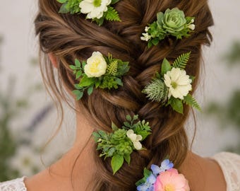 Wedding hair pins for girls Floral hair pins for Bridesmaids Floral hair piece pink green Rustic hair piece with flowers Bridal head piece