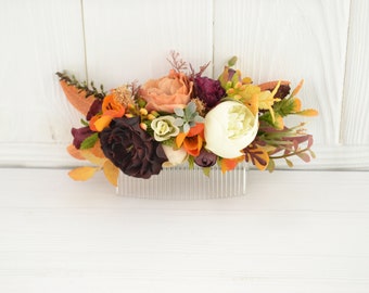 wedding comb burgundy orange flower hair comb floral comb bridal