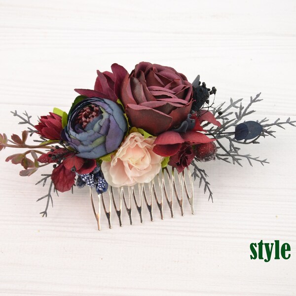 Floral Hair Comb Burgundy Flower Hairpiece Burgundy Wedding hair flowers NAVY Bridal hair piece floral