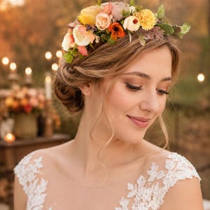 Fall flower headpiece for women Floral hair crown for women Flowers for hair Rustic hair wreath Boho wedding headband Orange Ivory Beige