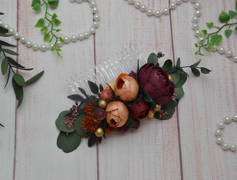 Burgundy orange flower comb,Deep red wedding flower comb,Bridal flower comb,Bridal hair accessoryes,Bridesmaid flower comb,Flower girl comb