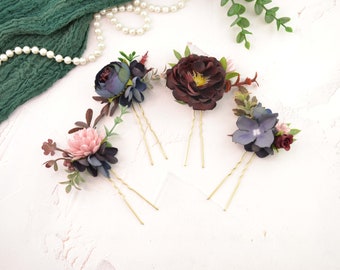 Flower hair pins Burgundy Navy Blush Floral Hair Pins Bridal Burgandy Pink Blue flower hairpiece Bride flower hairpins Wedding hair pins