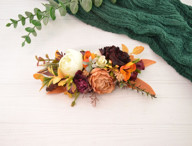wedding comb burgundy orange flower hair comb floral comb bridal hair accessories floral hairpiece flower headpiece boho hair clip for bride image 3