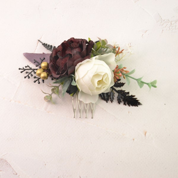 Flower hair comb - flower comb wedding - flower comb bridal - flower comb for bride - burgundy black gold ivory