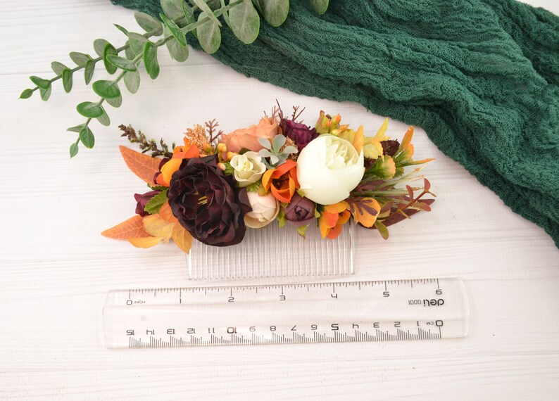 wedding comb burgundy orange flower hair comb floral comb bridal hair accessories floral hairpiece flower headpiece boho hair clip for bride image 5