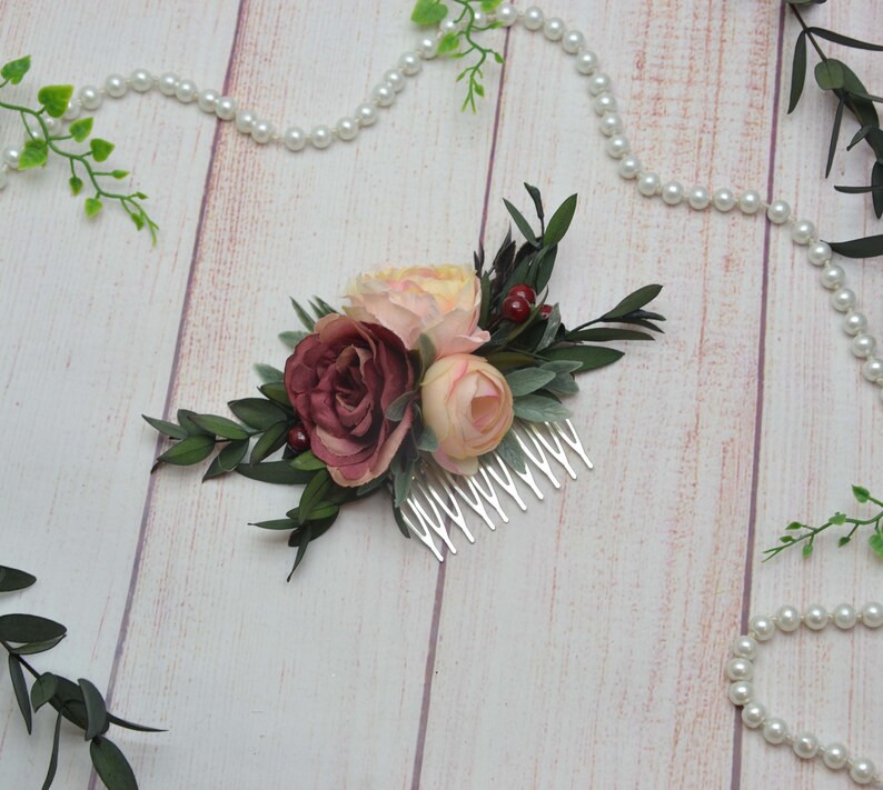 Flower hair comb Marsala Wedding Hair piece Floral comb for bride Flowers for hair Flower hair accessories for girls women Party Boho style