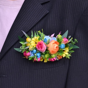 Colorful wedding boutonniere for groom Square boutonniere Wedding accessories Pink Orange Pocket boutonniere Sunflower corsage buttonhole