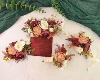 Floral boutonniere for groom Pocket boutonniere Bestman Boutonniere and corsage Set of wedding accessories Prom flowers Bridesmaid Red Beige